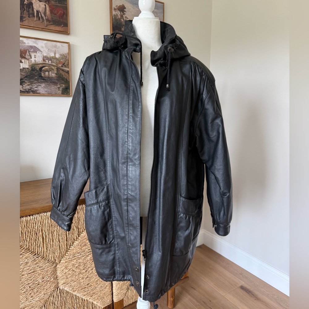 Vintage Liz Baker Essentials Large Leather Hooded Coat